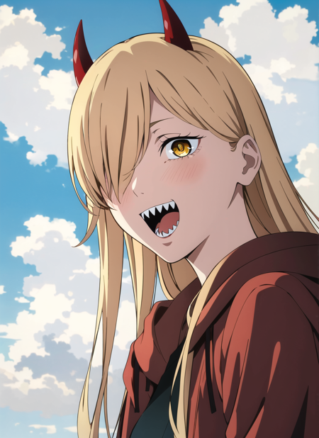 3978521291-3752379595-csm anime style, 1girl, horns, solo, teeth, sharp teeth, sky, open mouth, cross-shaped pupils, long hair, cloud, hair over one e.png
